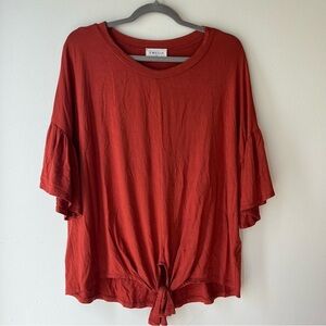 Emelia Oversized Tie Front Flutter Sleeve Top Rust Red Small Made in USA Modal